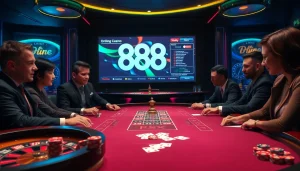 A thrilling poker game at an upscale casino table, highlighting 888 new gaming excitement.