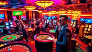 Experience the thrill of Nhà cái 32Win at an exciting casino gaming floor with vibrant tables and players.