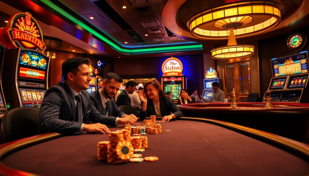 Exciting casino scene with poker players and roulette wheel, showcasing jbo action.