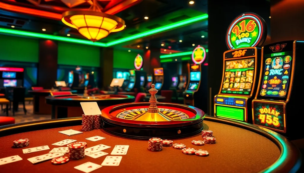 Exciting gameplay at RR88 casino featuring poker chips and roulette wheel in a luxurious setting.