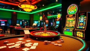 Exciting gameplay at RR88 casino featuring poker chips and roulette wheel in a luxurious setting.