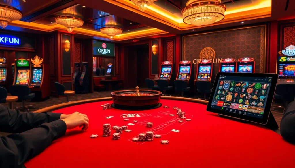 Experience Okfun's vibrant casino ambience with players at the table, spinning roulette, and lively gaming.