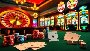 Experience the excitement of online gambling at https://mm88.nl/ with a vibrant casino scene showcasing roulette and poker.