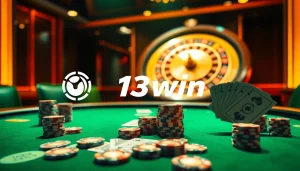 Experience thrilling online gambling with 13win at a luxurious poker table featuring chips, cards, and roulette.
