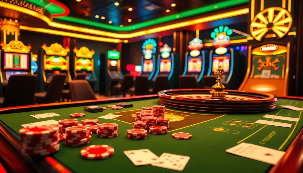 Experience the thrill of gambling at XX88 with an exciting casino scene featuring poker chips and slot machines.