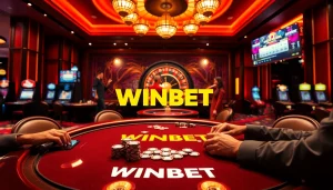Players placing bets at a vibrant WINBET poker table in a luxurious casino.