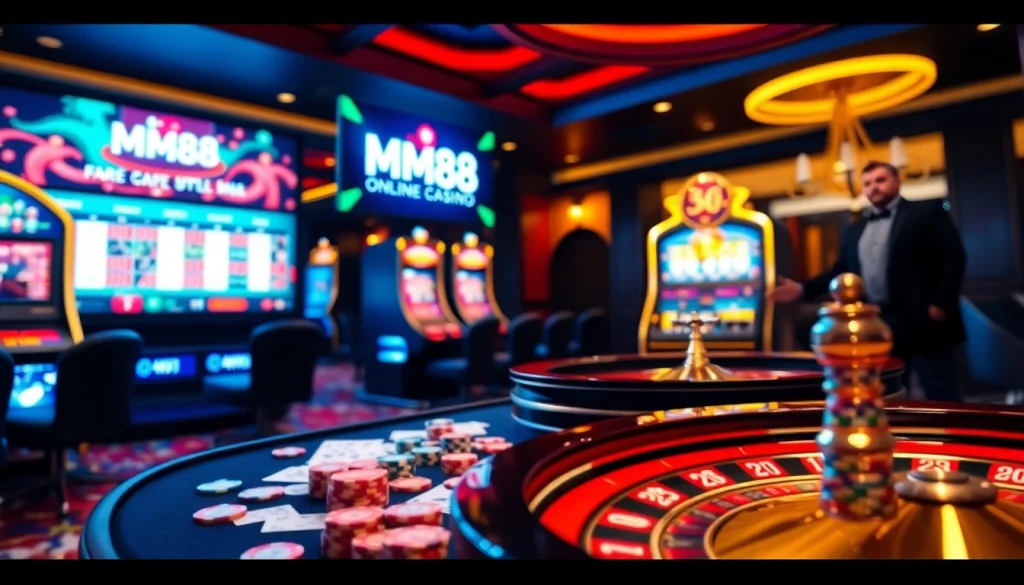 Place bets at https://mm88.nl/ with vibrant casino tables and poker chips in the scene.