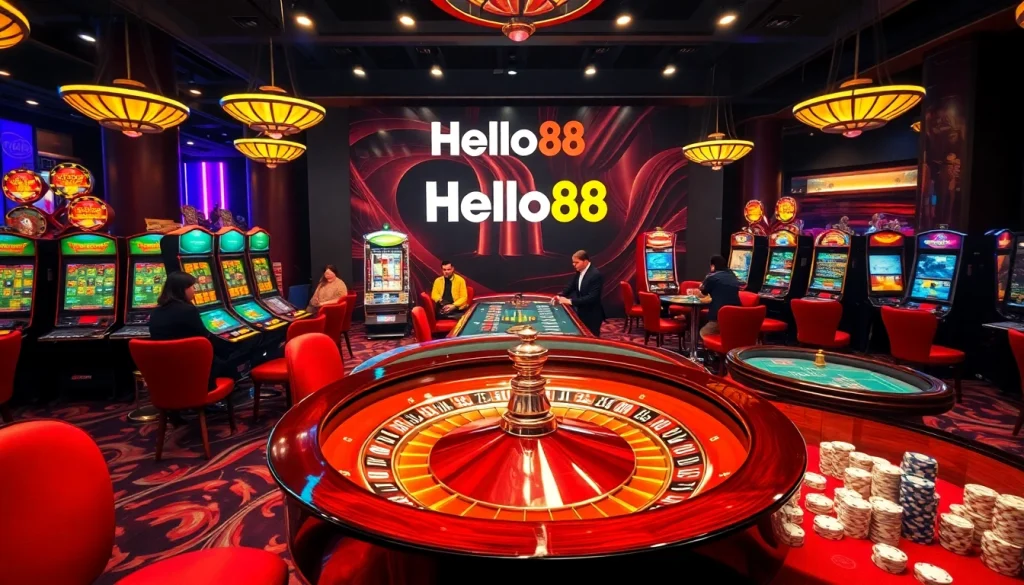 Players enjoy high-stakes action at Hello88 casino tables surrounded by slot machines.