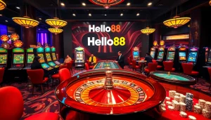 Players enjoy high-stakes action at Hello88 casino tables surrounded by slot machines.