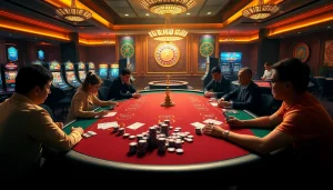 Experience the thrill of Nhà Cái MM88 with players enjoying poker and vibrant slot machines.