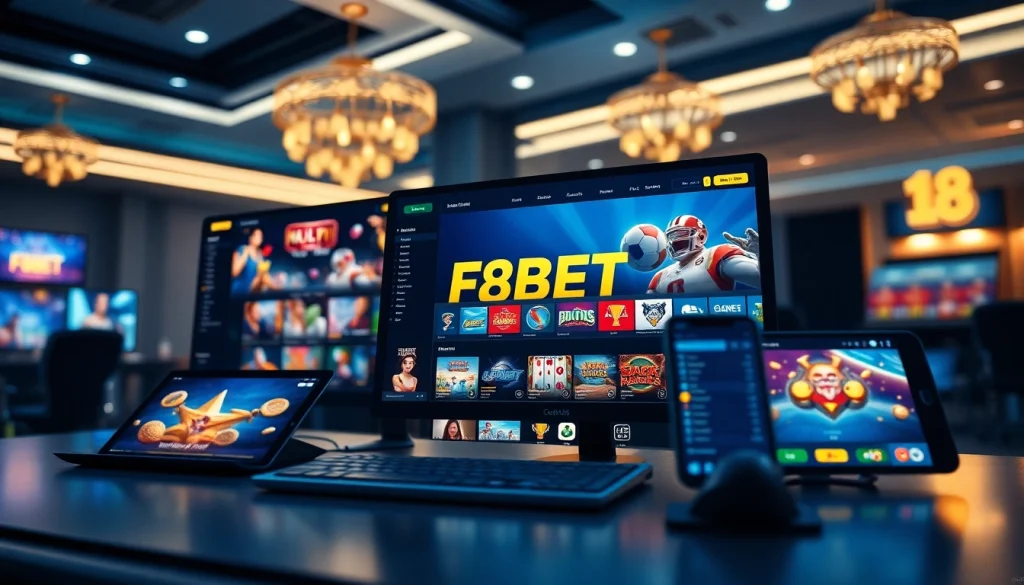 F8BET online gambling interface showcasing slots and sports betting games, vibrant and modern.