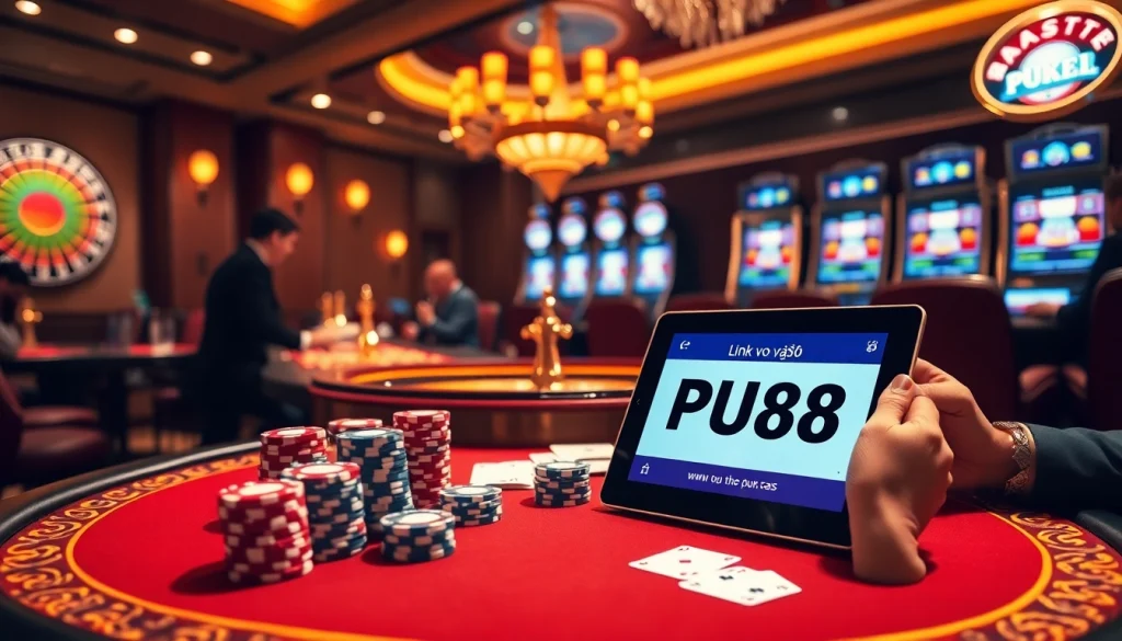 Exciting gambling scene featuring link vào PU88 on a tablet amidst poker chips and dynamic gaming interfaces.