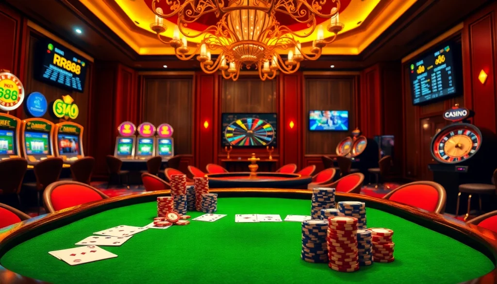 Experience the thrill of RR88 with a vibrant poker table set in a luxurious casino atmosphere.
