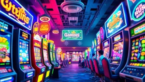 Situs kode4d online gaming scene featuring vibrant slot machines and players engaged