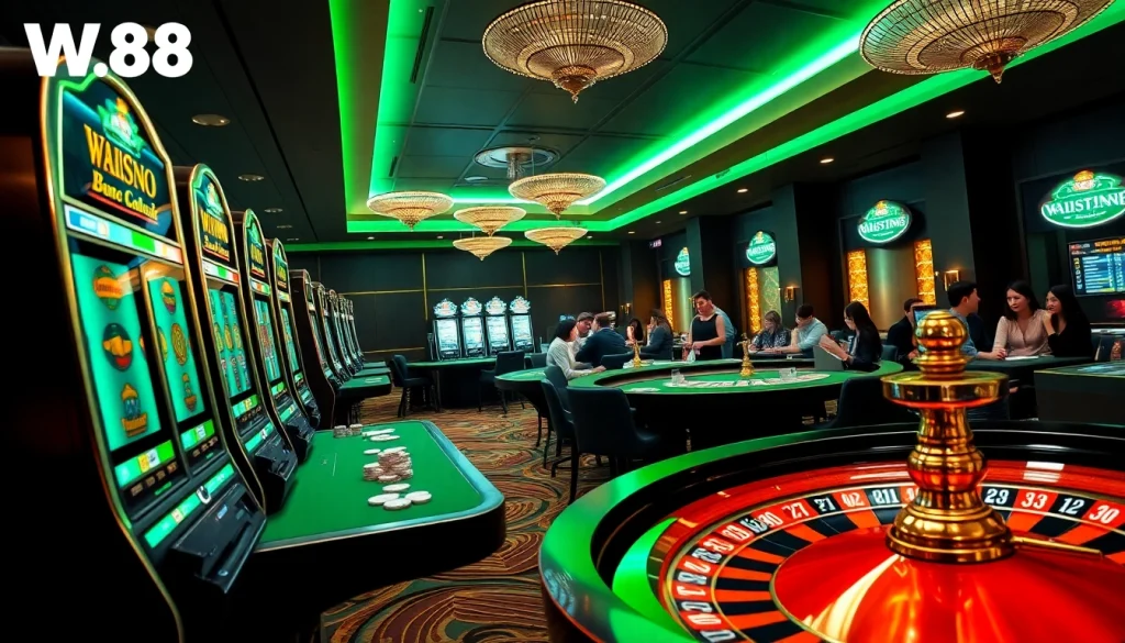 Players betting at nhà cái W88 with vibrant casino tables and engaging slot machines.