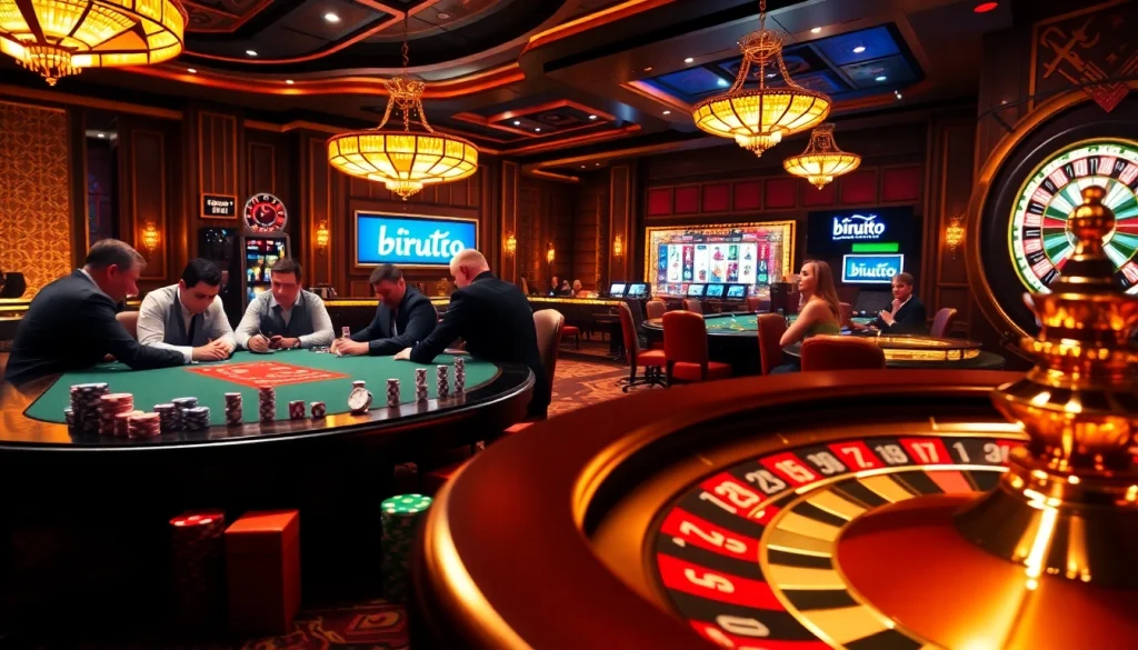 Adegan menarik yang menampilkan Birutoto di meja kasino mewah dengan pemain dan chip taruhan.