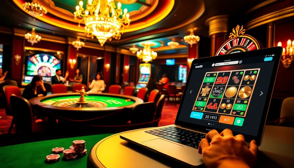 ww88 players enjoying poker and roulette in a luxurious casino atmosphere