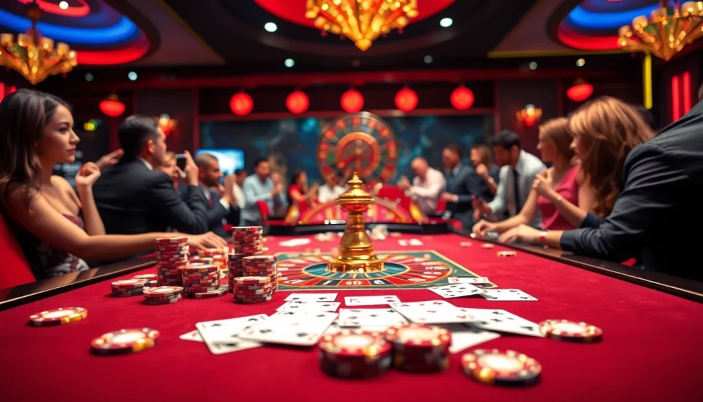 Experience thrilling gameplay at mm88's upscale casino tables filled with vibrant chips and cards.