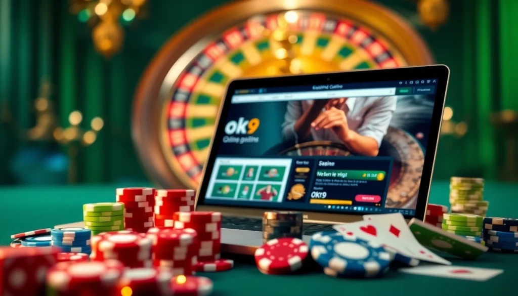 Engage with Đăng Nhập OK9 on an elegant casino interface showcasing poker chips and playing cards.