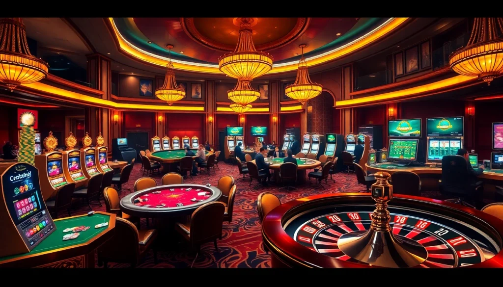 Winning strategies at https://may88us.com/ in an exciting casino scene with poker tables and roulette.