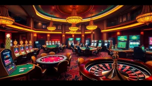 Winning strategies at https://may88us.com/ in an exciting casino scene with poker tables and roulette.