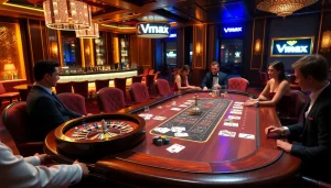 Embrace the thrill of Vmax as players engage at an upscale poker table filled with vibrant chips and cards.