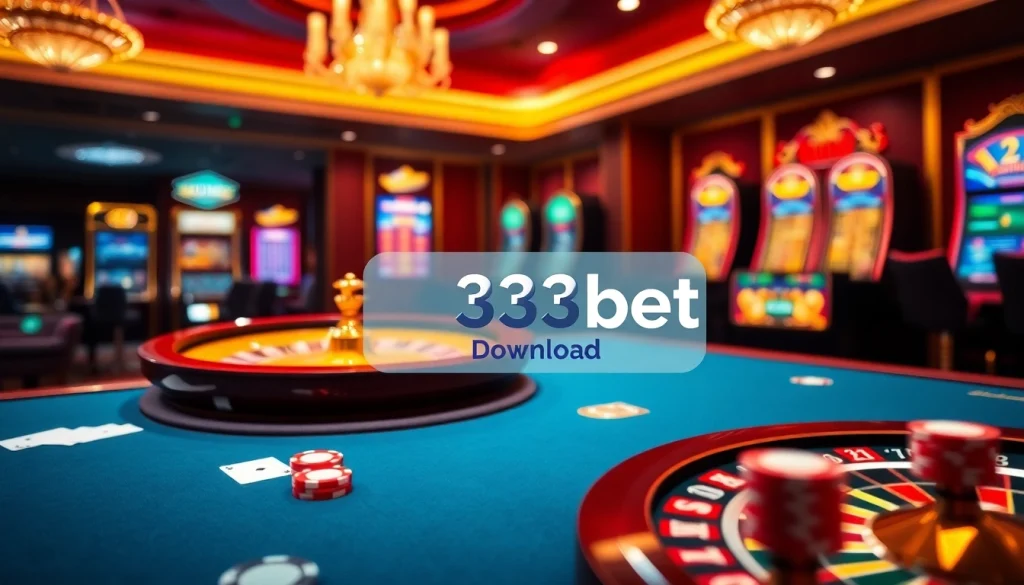 Experience the thrill of online gaming with 333bet Download options on a luxurious casino scene featuring vibrant tables and slot machines.