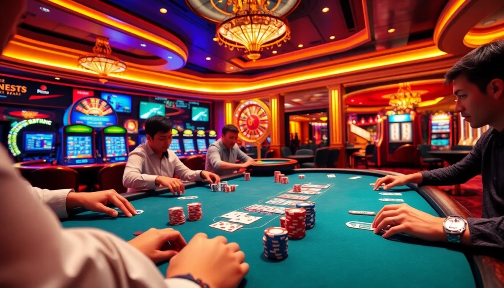 Players enjoy a thrilling game of poker at MM 88 casino, showcasing luxury and excitement.
