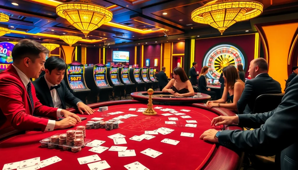 A thrilling 32win casino scene with players engaging in high-stakes games at a luxurious poker table.