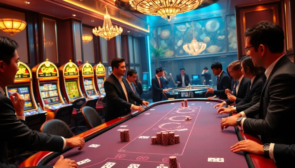 Players engaged at the GG88 casino gaming tables with vibrant atmosphere and luxury.