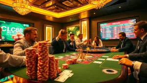 Engage in high-stakes action with LC88 at a vibrant casino table featuring poker chips and playing cards.