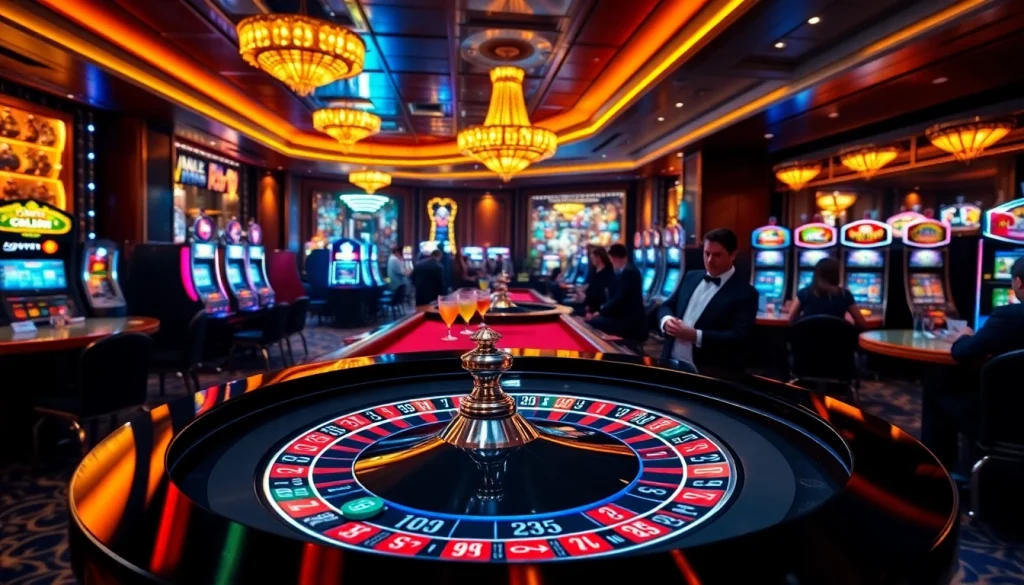Cwin highlights a dynamic casino scene with poker, roulette, and vibrant slot machines.