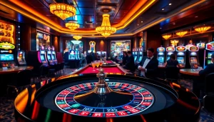 Cwin highlights a dynamic casino scene with poker, roulette, and vibrant slot machines.