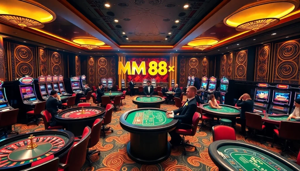 Experience the thrill of high-stakes gaming at MM88, featuring luxurious tables and excited players.
