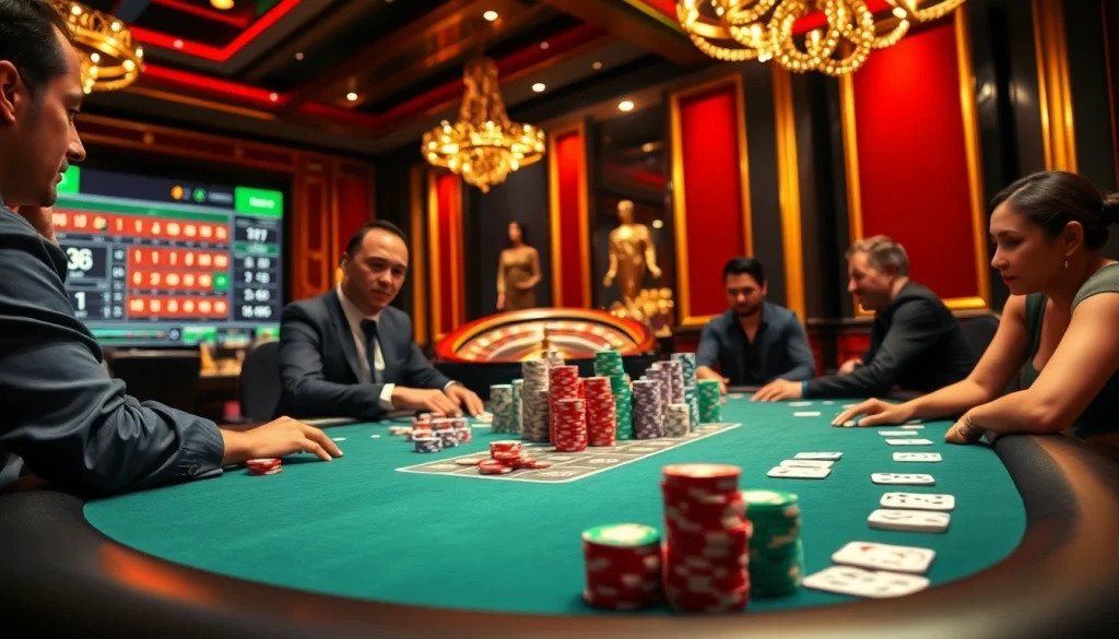 KJC poker players strategizing around a vibrant table in a luxury casino setting.