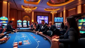 Excited players enjoying the thrill of gambling at 888VI with colorful casino tables and machines.