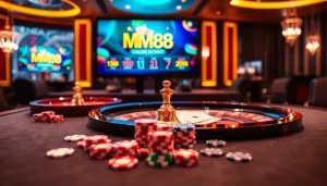 MM88 online casino interface showcasing a roulette wheel and poker chips for an exciting gaming experience.