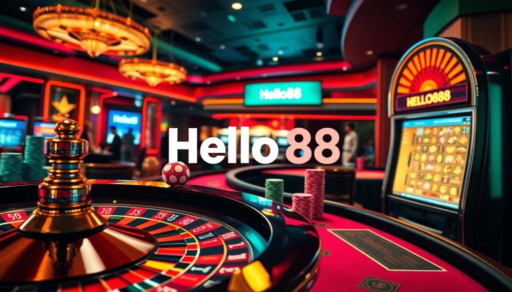 Hello88 presents an exciting casino scene with poker chips, roulette wheel, and a jackpot slot machine.