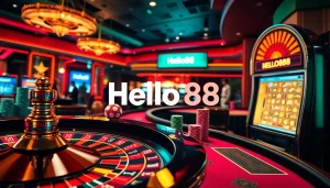 Hello88 presents an exciting casino scene with poker chips, roulette wheel, and a jackpot slot machine.