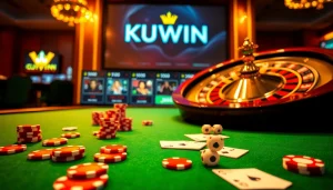 Engaging KUWIN gambling action with colorful poker chips and a spinning roulette wheel.