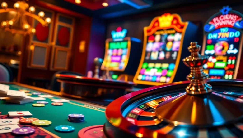 Engaging scene of a vibrant casino with vn88 themed elements, featuring casino tables and slot machines.