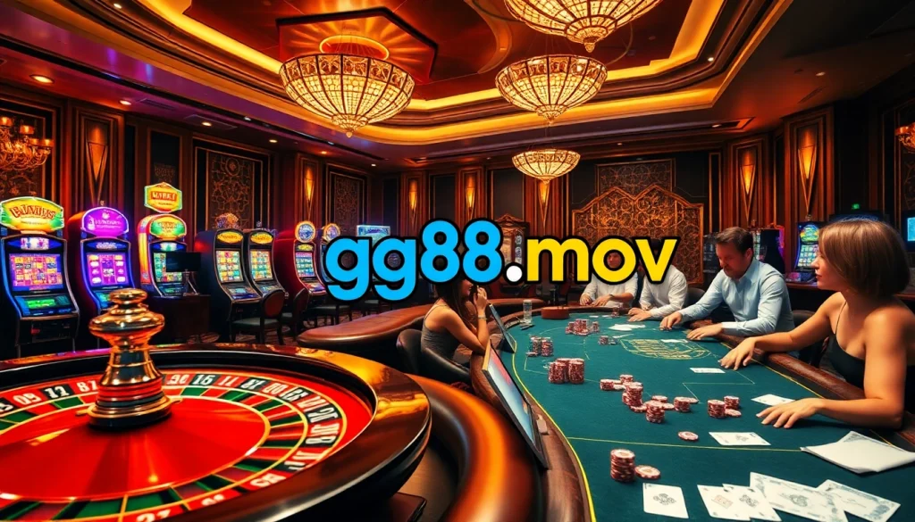 Experience the thrill of online gambling at gg88.mov with vibrant casino tables and spinning roulette wheels.