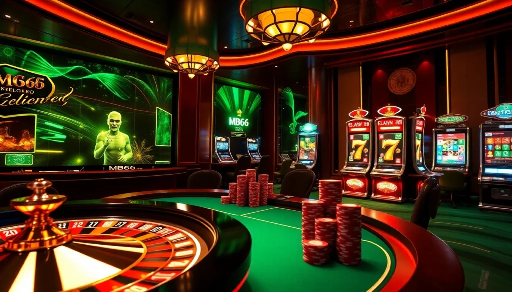 Experience the excitement of MB66 online gambling with vibrant visuals of casino games and betting.
