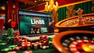 Gamblers enjoying the excitement of link 88i atop colorful poker chips and a roulette wheel.