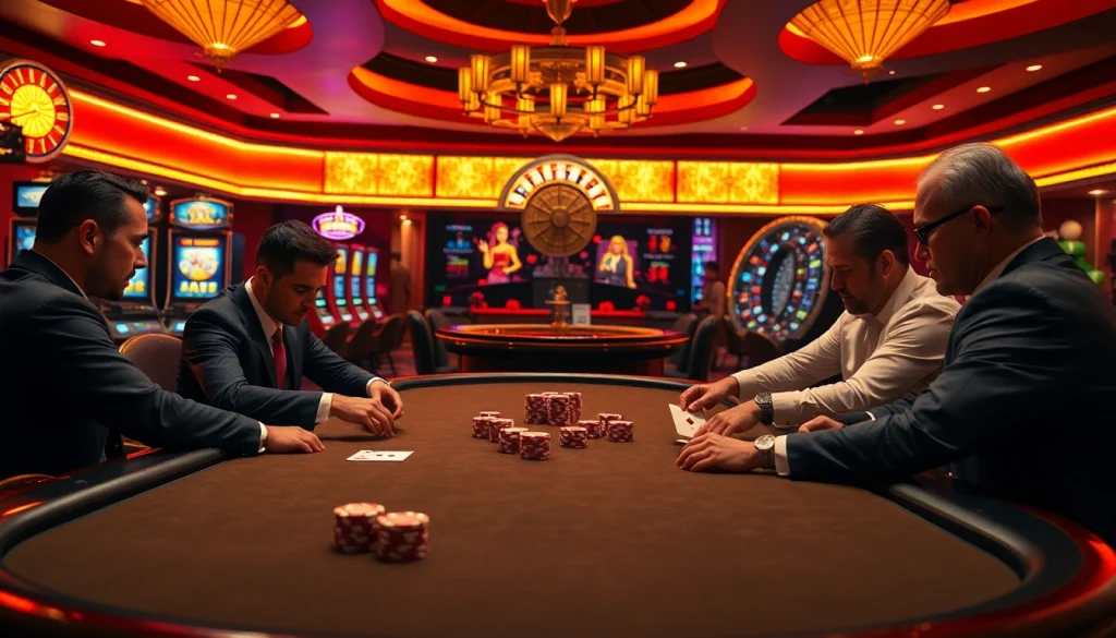 8s poker players deep in concentration at a luxurious casino table.