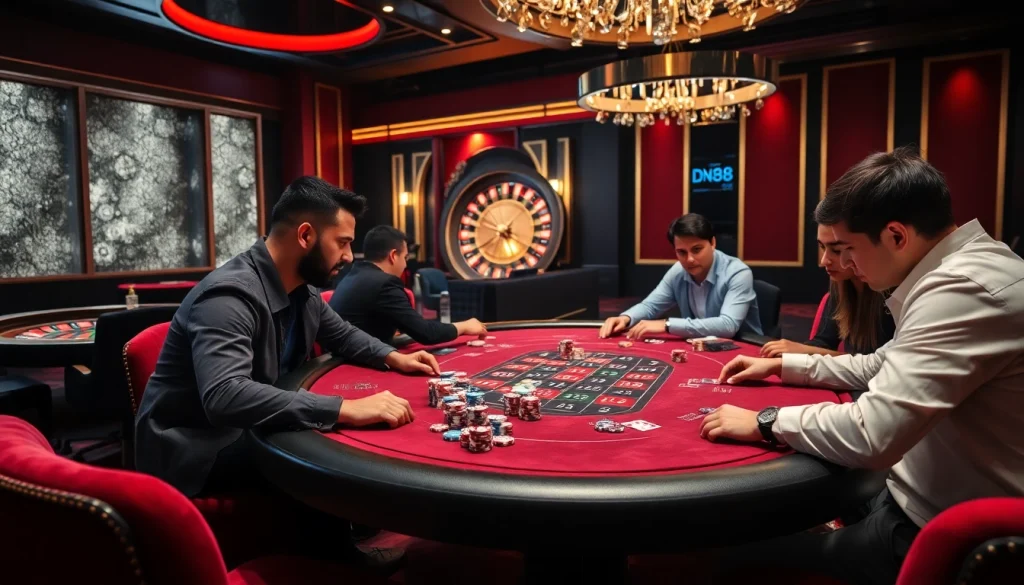 Experience thrilling poker action at dn88 casino with colorful chips and an elegant gaming table.