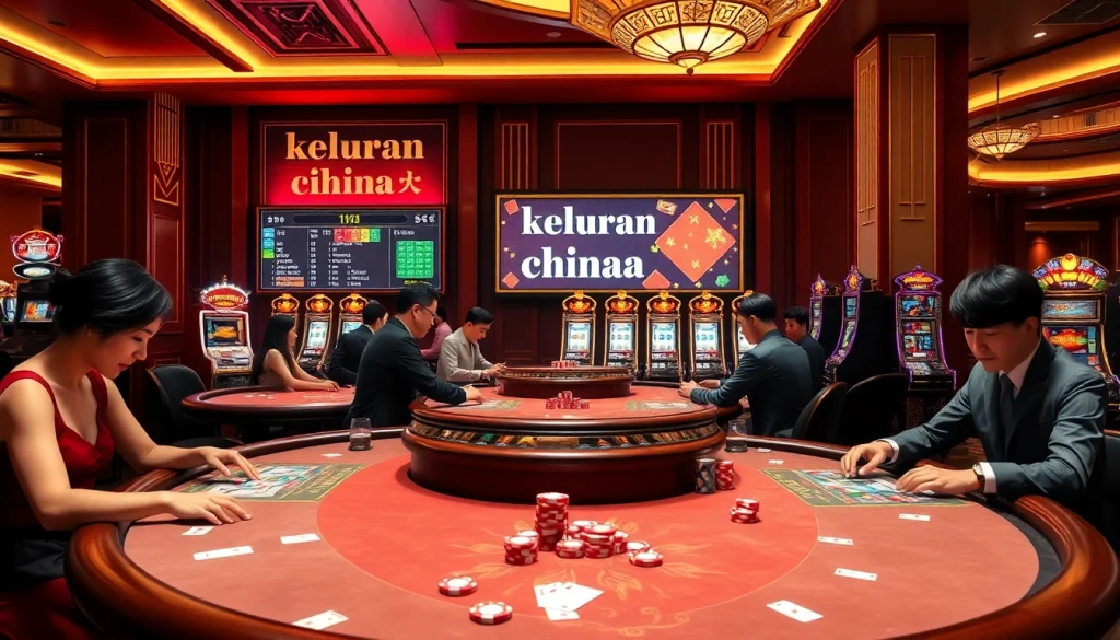 Keluaran china displayed on a digital scoreboard amidst an exciting casino scene with poker tables.