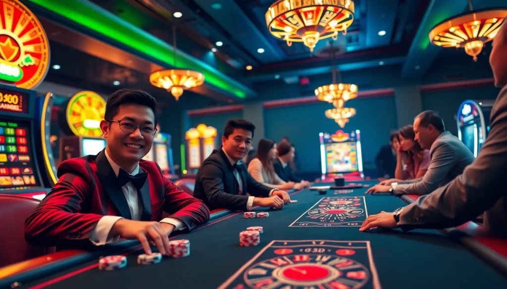 NK88 players enjoy an exciting online casino environment with poker tables and vibrant slot machines.