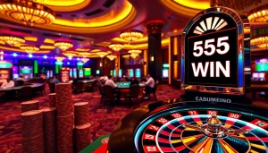 Experience the thrill of 555 win with poker chips and a roulette wheel lighting up the casino.