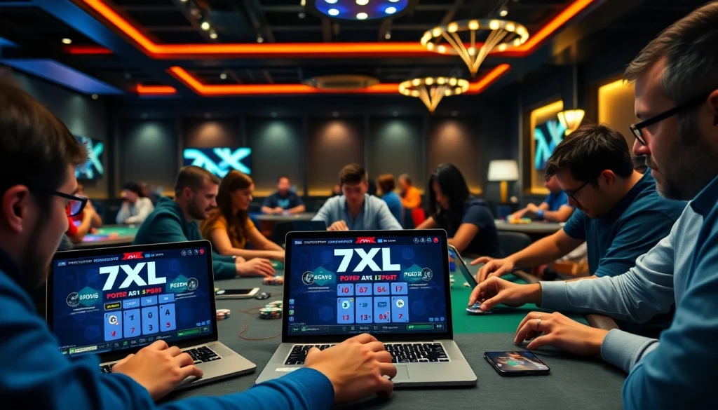 משחק פוקר מרובה משתתפים מרתק באפליקציית 7XL עם שחקנים מגוונים בסביבה תחרותית.